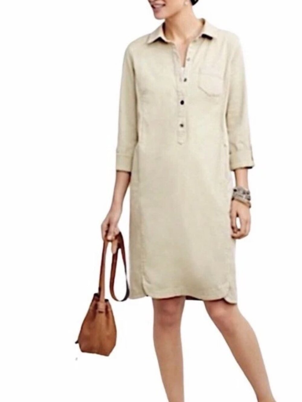 J Jill Live in Chino Size 6 Shirt Dress Khaki Cargo Roll Tab Sleeves Tan Minimal